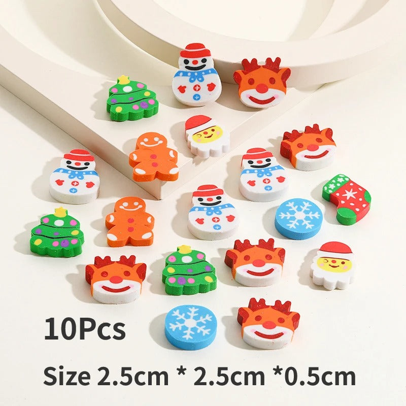 10Pcs/Lot Christmas Cartoon Eraser Kawaii Santa Snowmen Christmas Tree Mini Pencil Rubber Stationery Kids School Cute Erasers