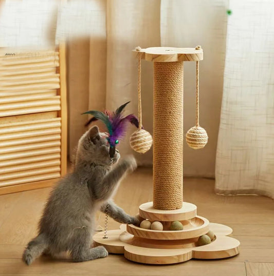 Wooden Pet Cat Toy Tower Funny Cat Stick Balls Sisal Hemp Kitten Scratching Board with Turntable Interactive Balls Accessories