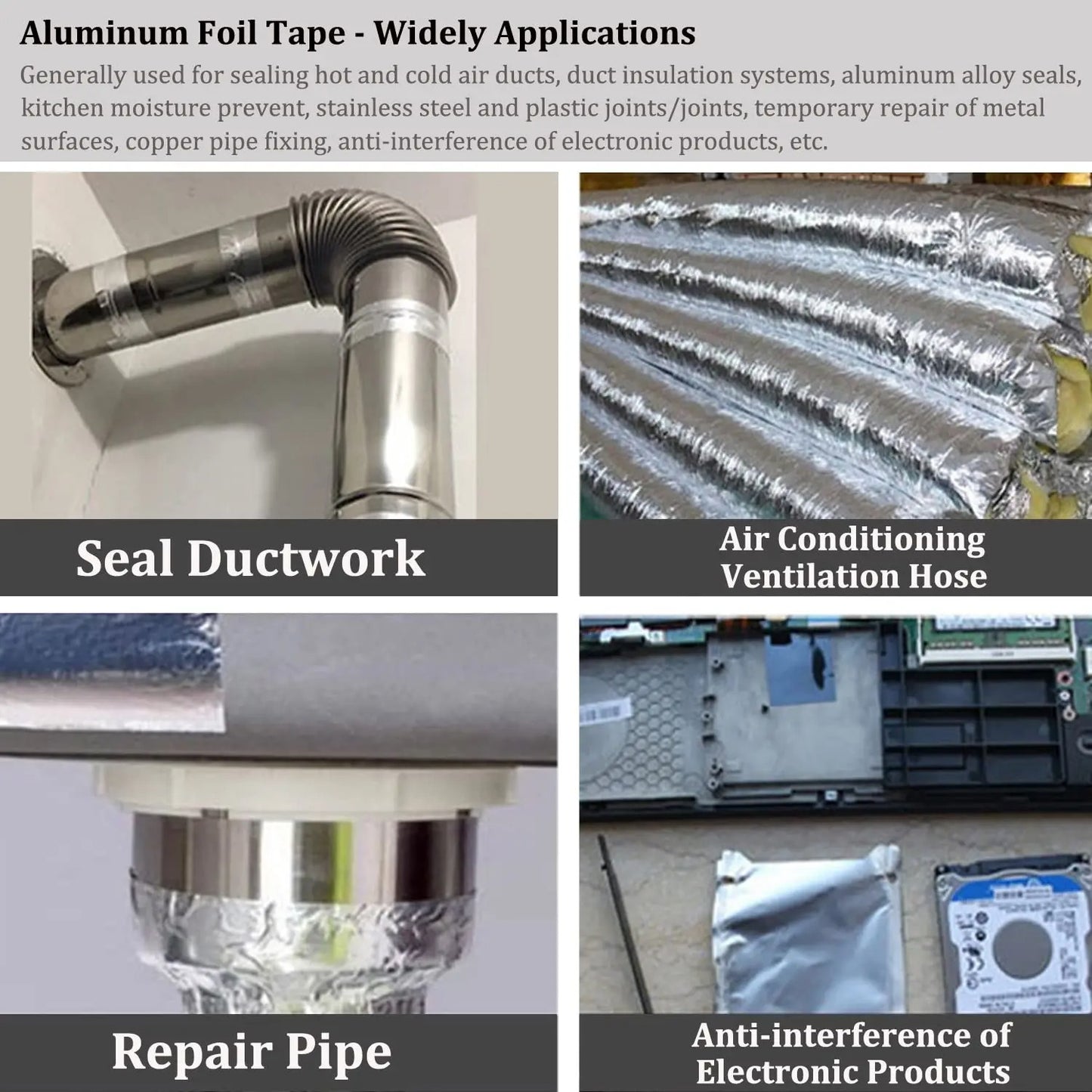 Aluminum Foil Duct Tape Heavy Duty Waterproof, High Temperature, Dryer Vent Insulation Tape for Ductwork, Ducting, Sealing