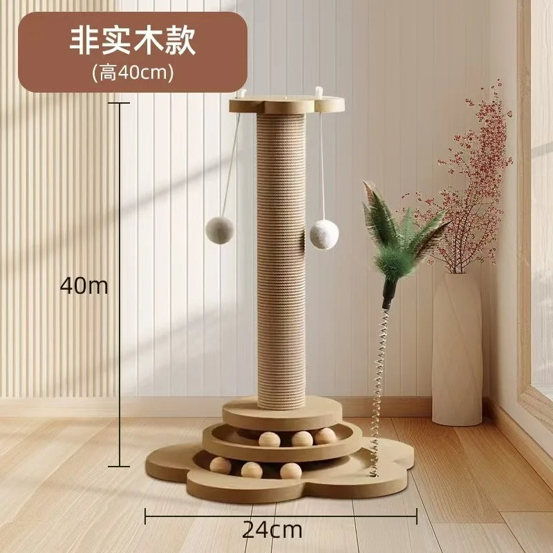 Wooden Pet Cat Toy Tower Funny Cat Stick Balls Sisal Hemp Kitten Scratching Board with Turntable Interactive Balls Accessories