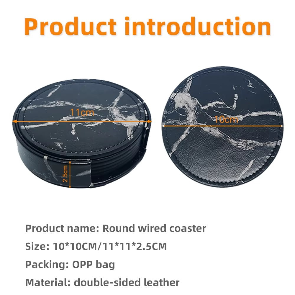 6 Pcs Artificial Leather Coasters Marble Style with Holder Drink Coaster for Bar Kinds of Cup Kitchen Dining Table Decor