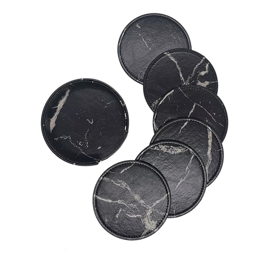 6 Pcs Artificial Leather Coasters Marble Style with Holder Drink Coaster for Bar Kinds of Cup Kitchen Dining Table Decor