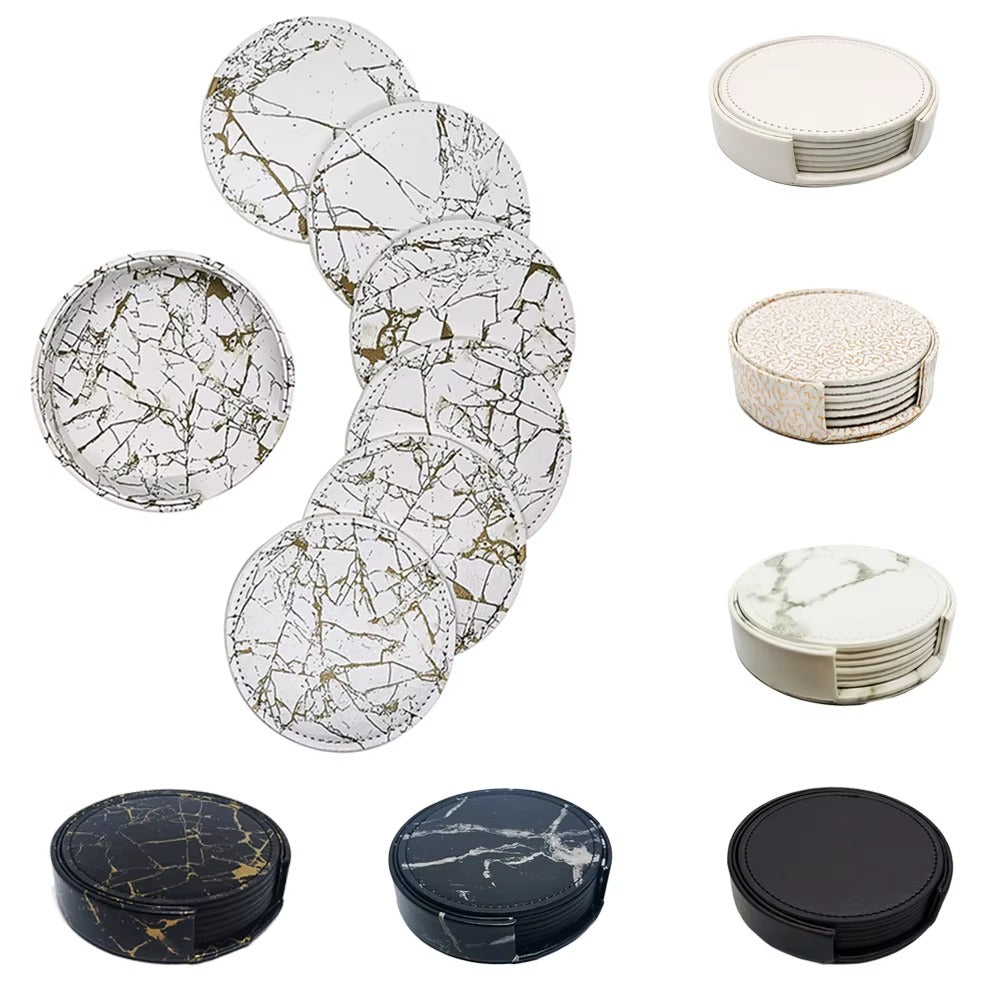 6 Pcs Artificial Leather Coasters Marble Style with Holder Drink Coaster for Bar Kinds of Cup Kitchen Dining Table Decor