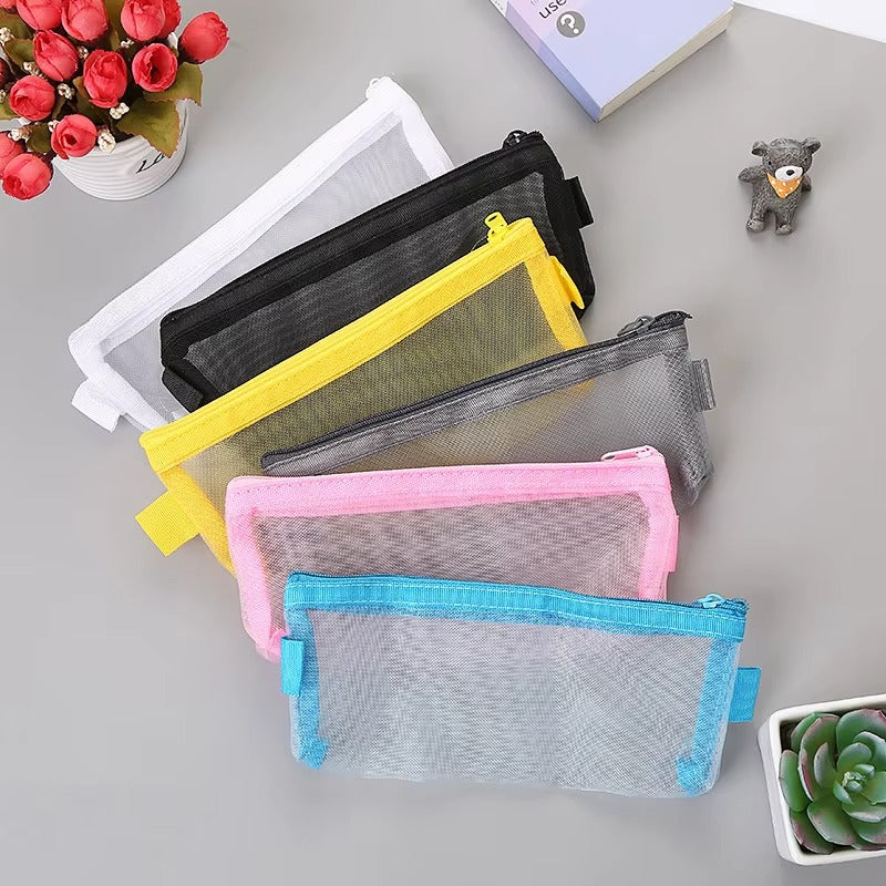 1 Piece Lytwtw's Creative Mesh Transparent Cute Square/Oval Portable Pen Pencil Pouch Bag School Office Supplies Stationery Case