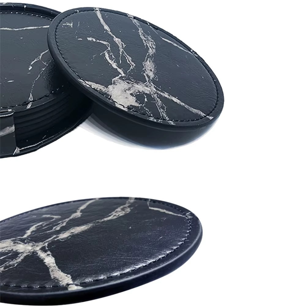 6 Pcs Artificial Leather Coasters Marble Style with Holder Drink Coaster for Bar Kinds of Cup Kitchen Dining Table Decor