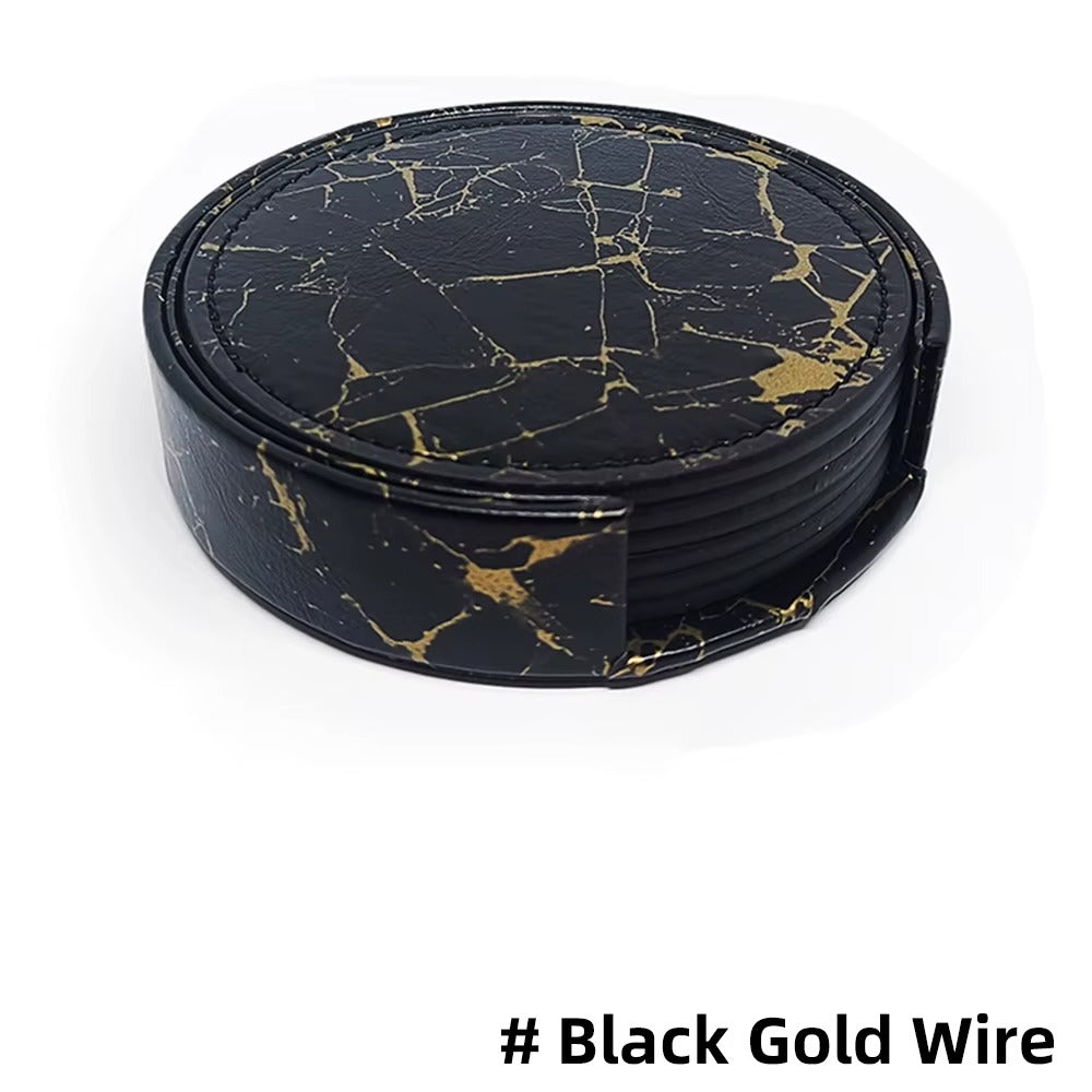 6 Pcs Artificial Leather Coasters Marble Style with Holder Drink Coaster for Bar Kinds of Cup Kitchen Dining Table Decor