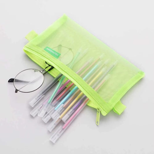1 Piece Lytwtw's Creative Mesh Transparent Cute Square/Oval Portable Pen Pencil Pouch Bag School Office Supplies Stationery Case