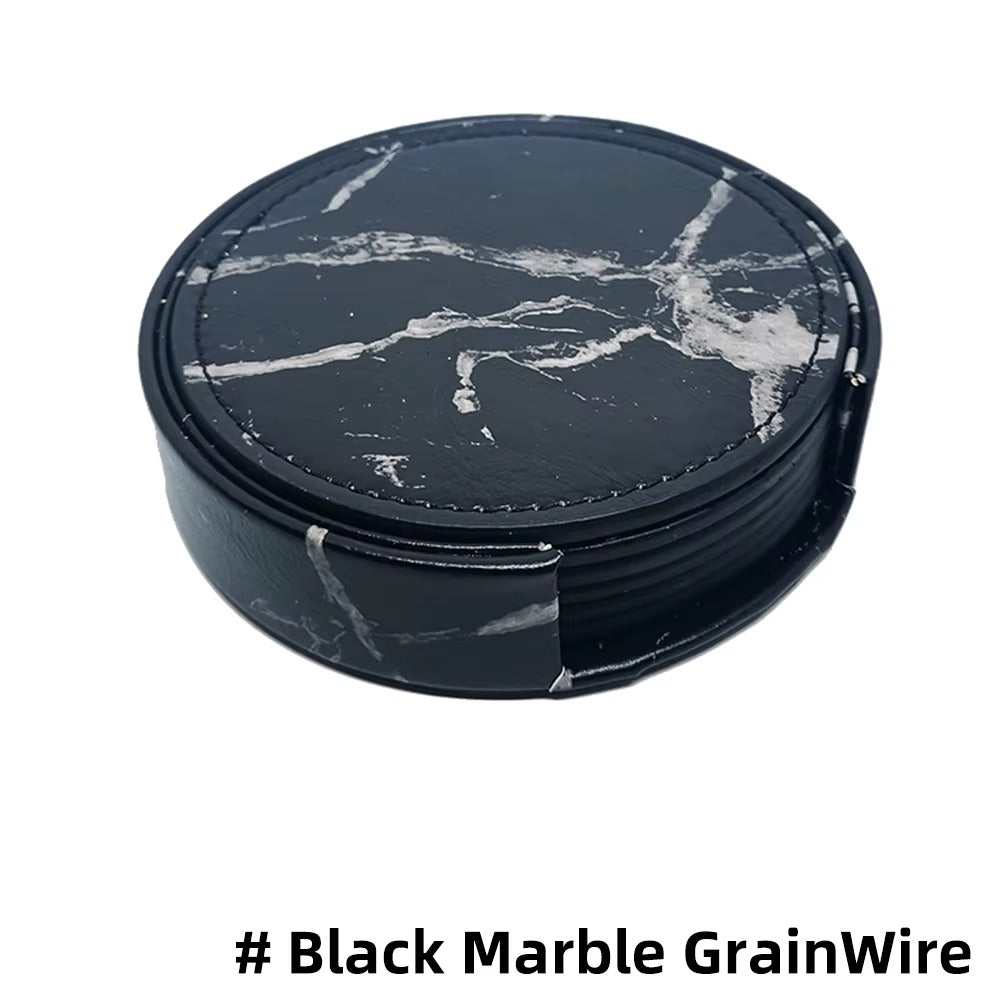 6 Pcs Artificial Leather Coasters Marble Style with Holder Drink Coaster for Bar Kinds of Cup Kitchen Dining Table Decor