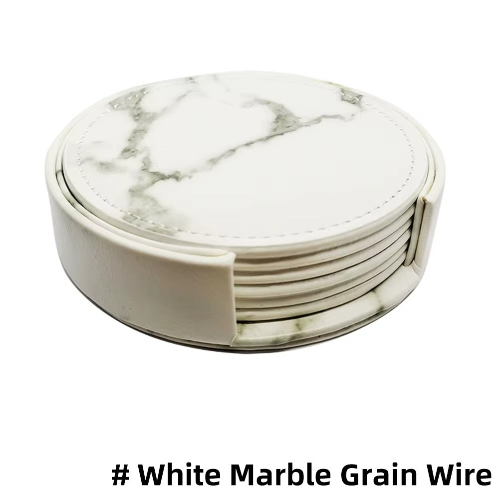 6 Pcs Artificial Leather Coasters Marble Style with Holder Drink Coaster for Bar Kinds of Cup Kitchen Dining Table Decor
