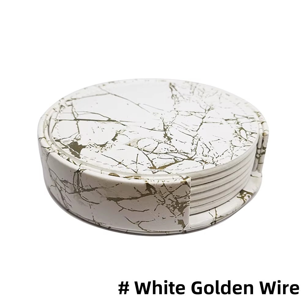 6 Pcs Artificial Leather Coasters Marble Style with Holder Drink Coaster for Bar Kinds of Cup Kitchen Dining Table Decor